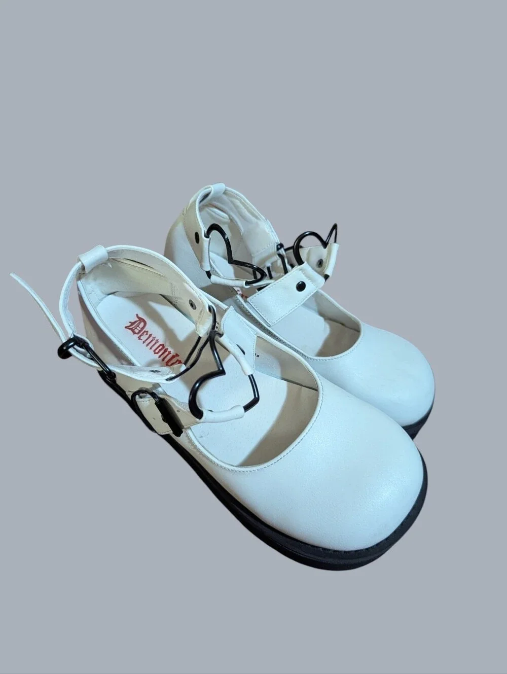 Goth Grunge Demonia Sprite White Black Platform Mary Jane Heart Buckle Shoes
